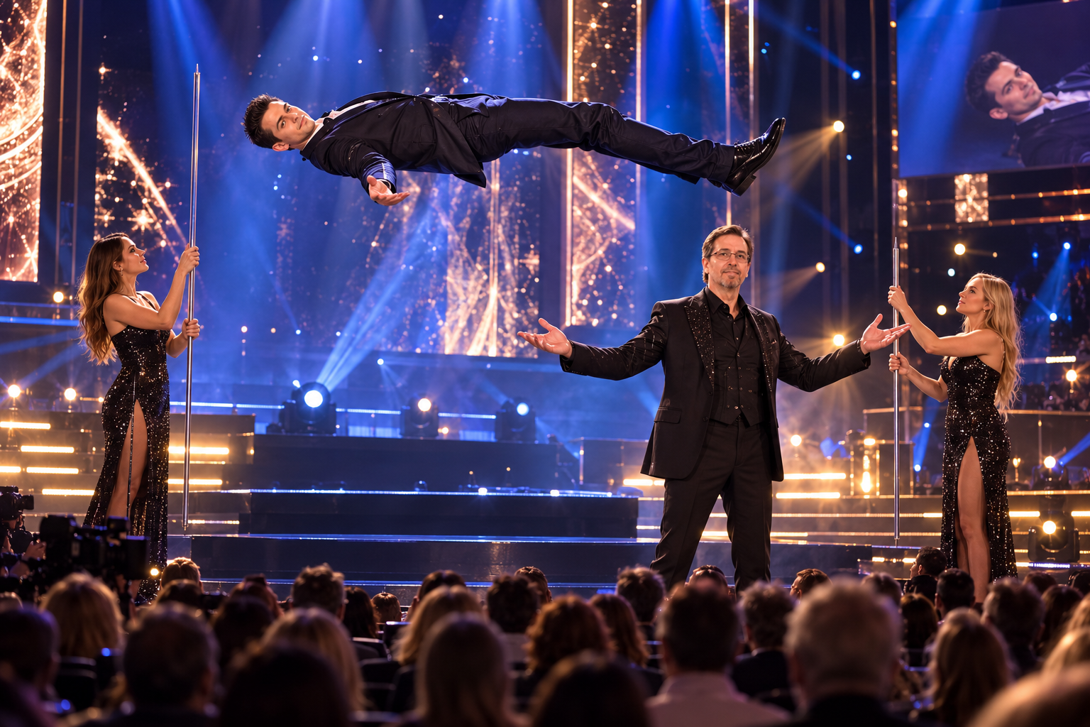 Pierre Ruby présentant une spectaculaire illusion de lévitation sur scène